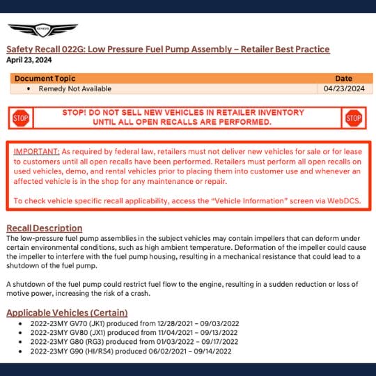 fuel pump recall genesis