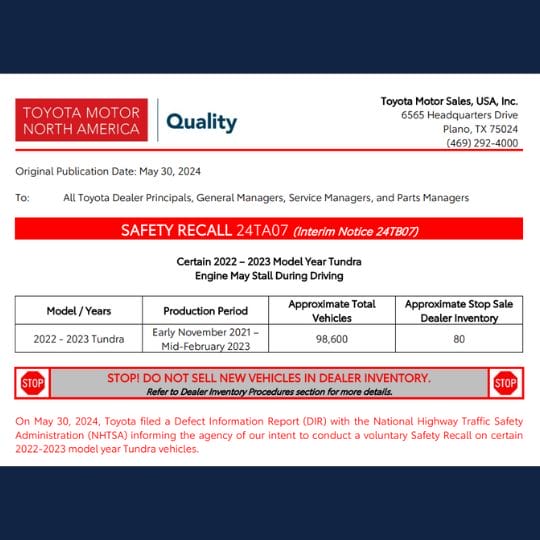 toyota recall for tundra engine
