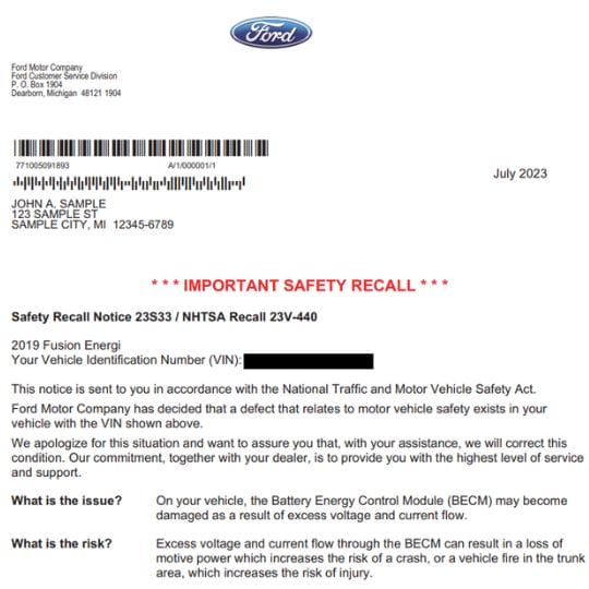 ford fusion energi recall information