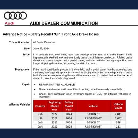 audi e tron brake recall information