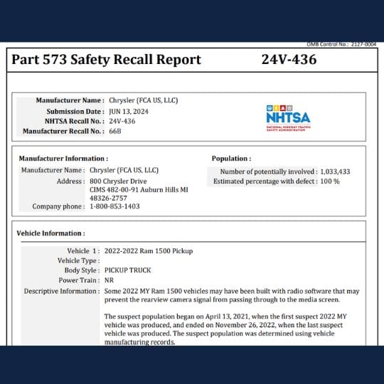 chrysler backup camera recall information