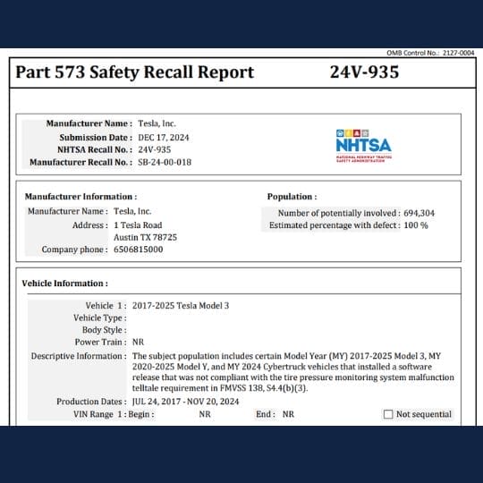 Tesla TPMS Recall