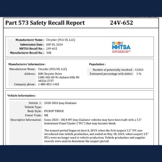 Jeep Recalls Over 30,000 Wranglers and Gladiators for Instrument Panel Cluster Problems