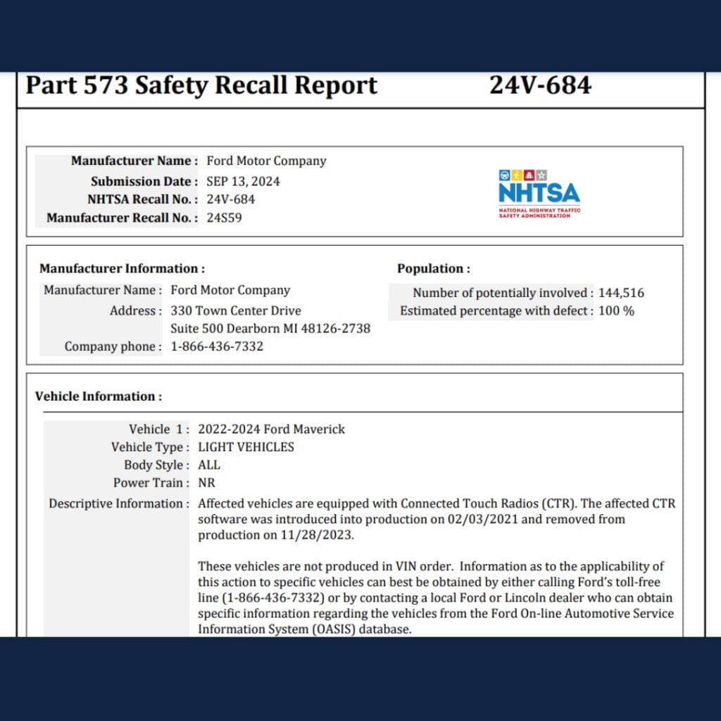 ford maverick backup camera recall
