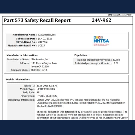 EV9 Seat Bolt Recall