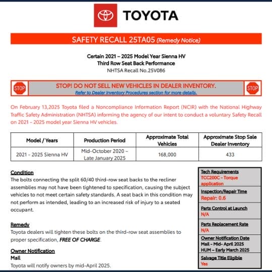 toyota sienna recall