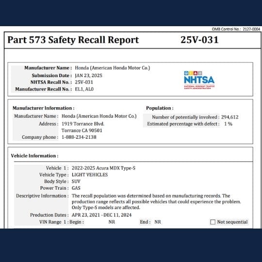 honda acura engine stalling recall