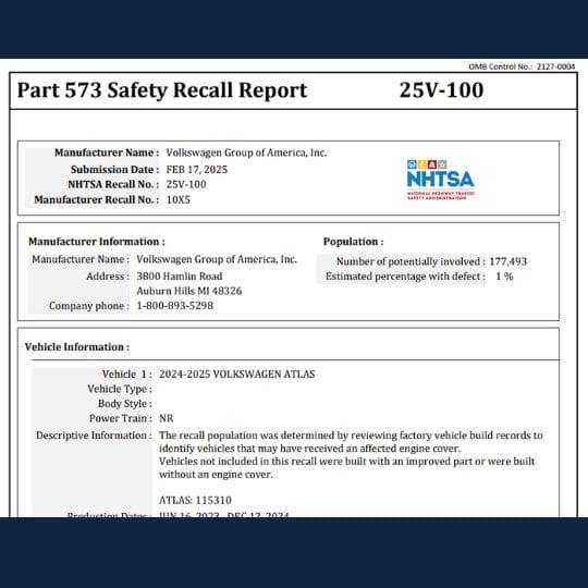 vw atlas engine fire recall