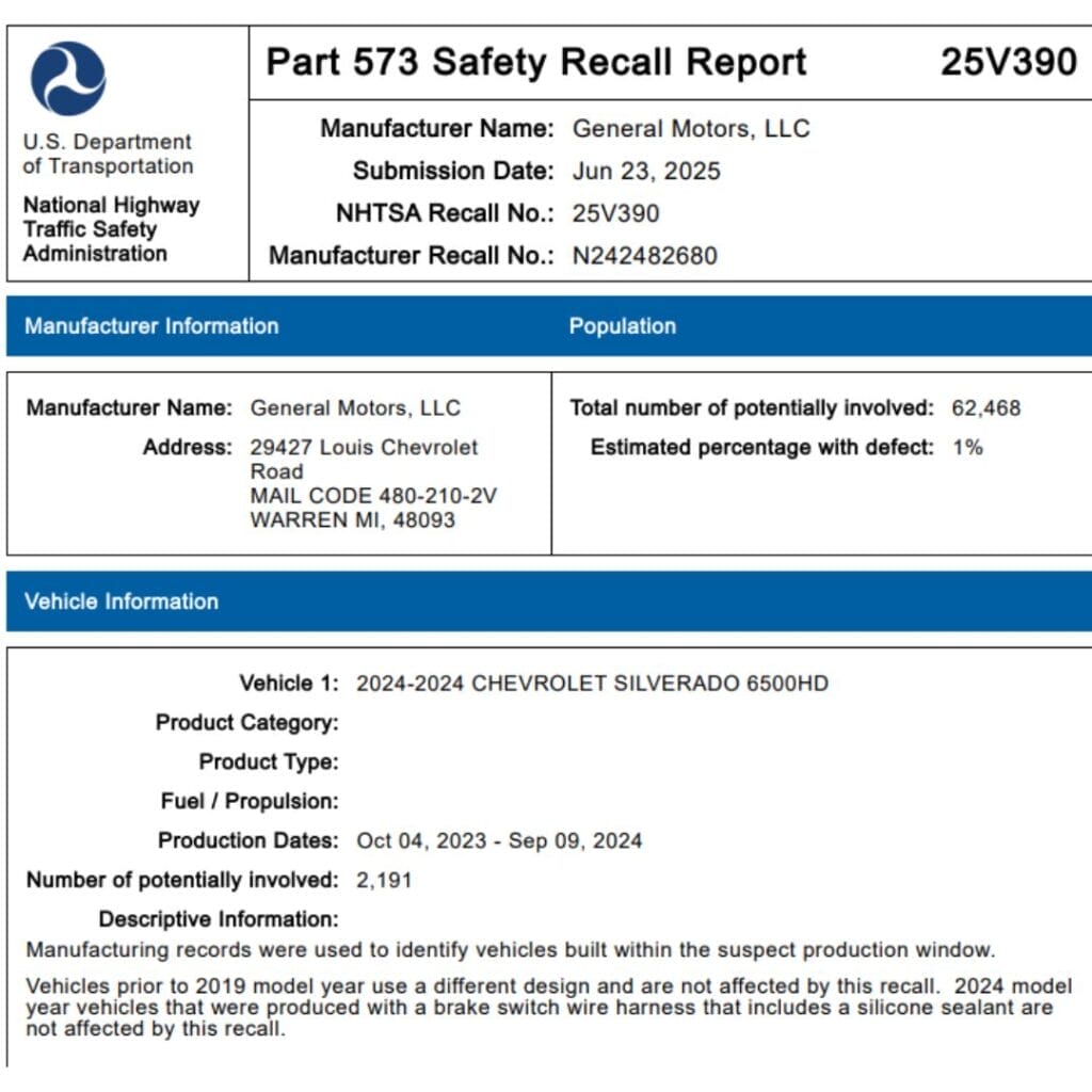 Chevy Silverado Trucks Recalled for Brake Pressure Switch Fire Risk