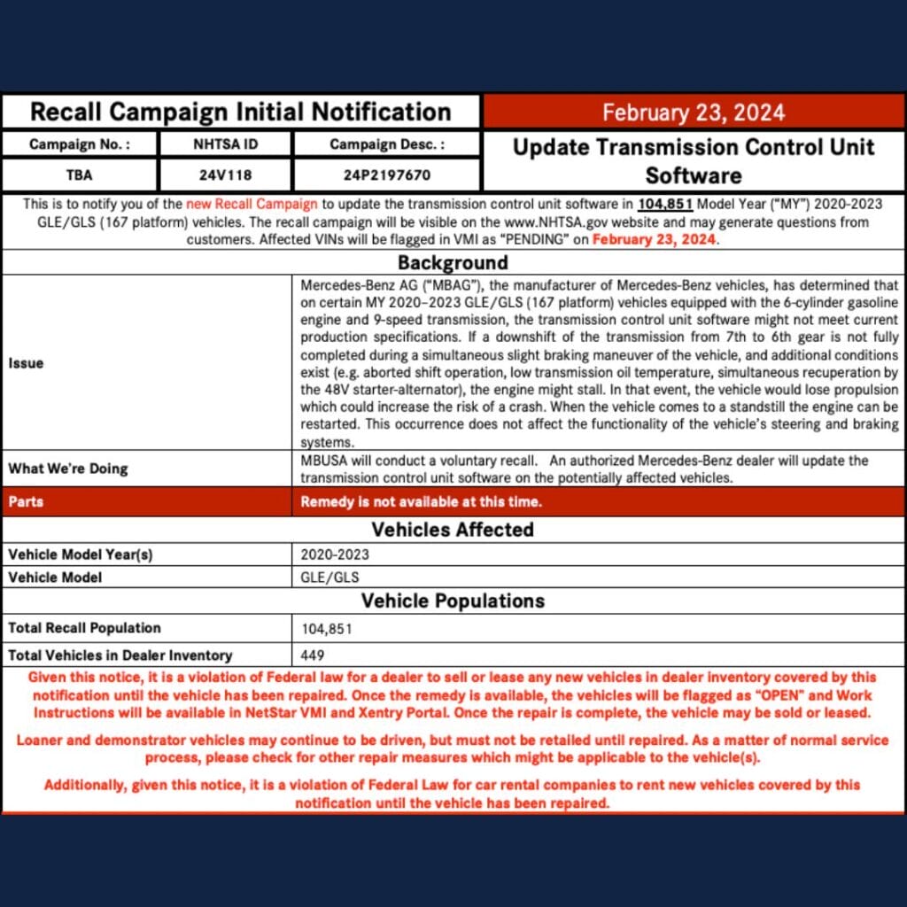mercedes transmission recall info