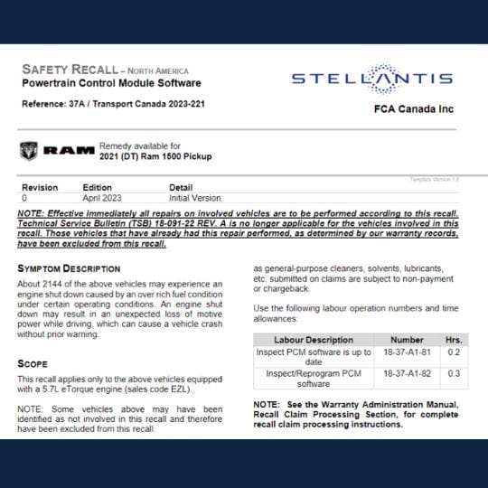 ram etorque recall information