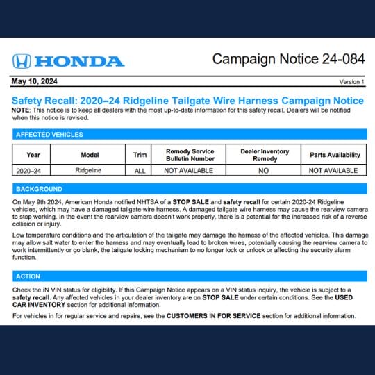 honda ridgeline recall information
