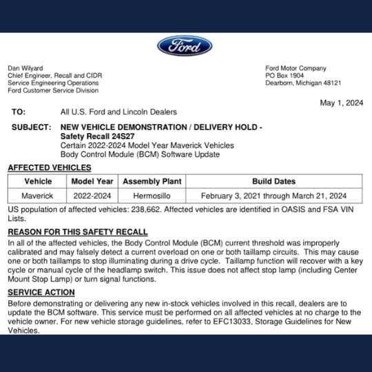 maverick tail light recall