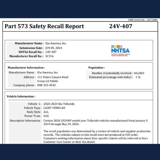 kia telluride fire recall information