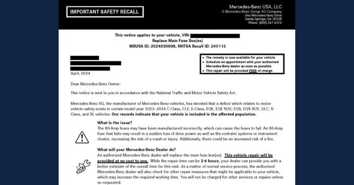 mercedes benz fuse recall
