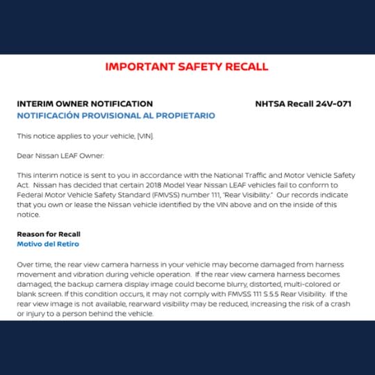nissan backup camera recall information