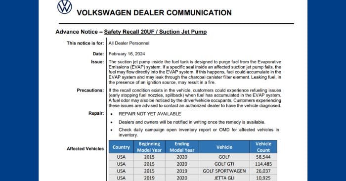 audi vw fuel pump recall